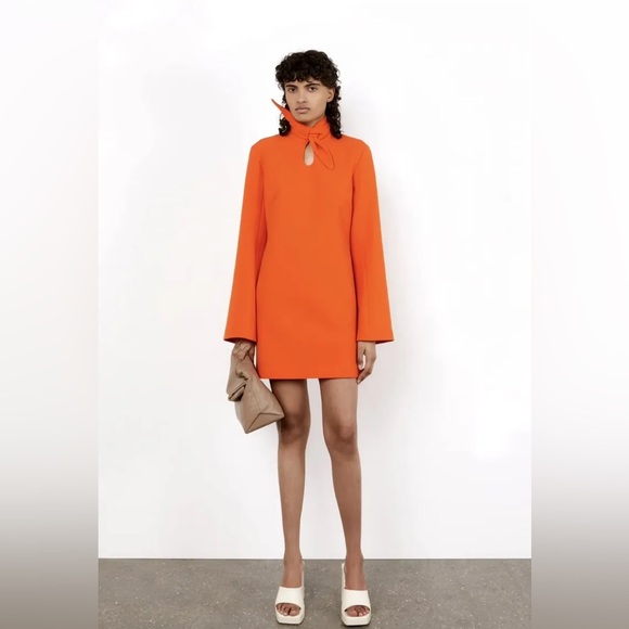 ZARA Woman High Neck Mini Dress With Tied Bow in Bright Orange sz XXL - Picture 16 of 16